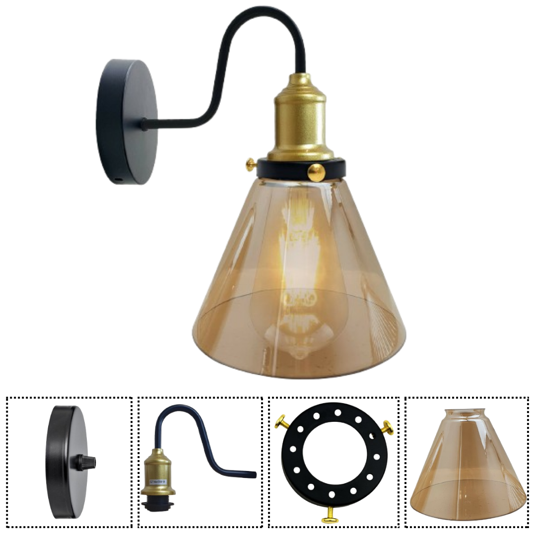 Industrial glass wall light Amber Glass cone replacement Lampshade ~1771